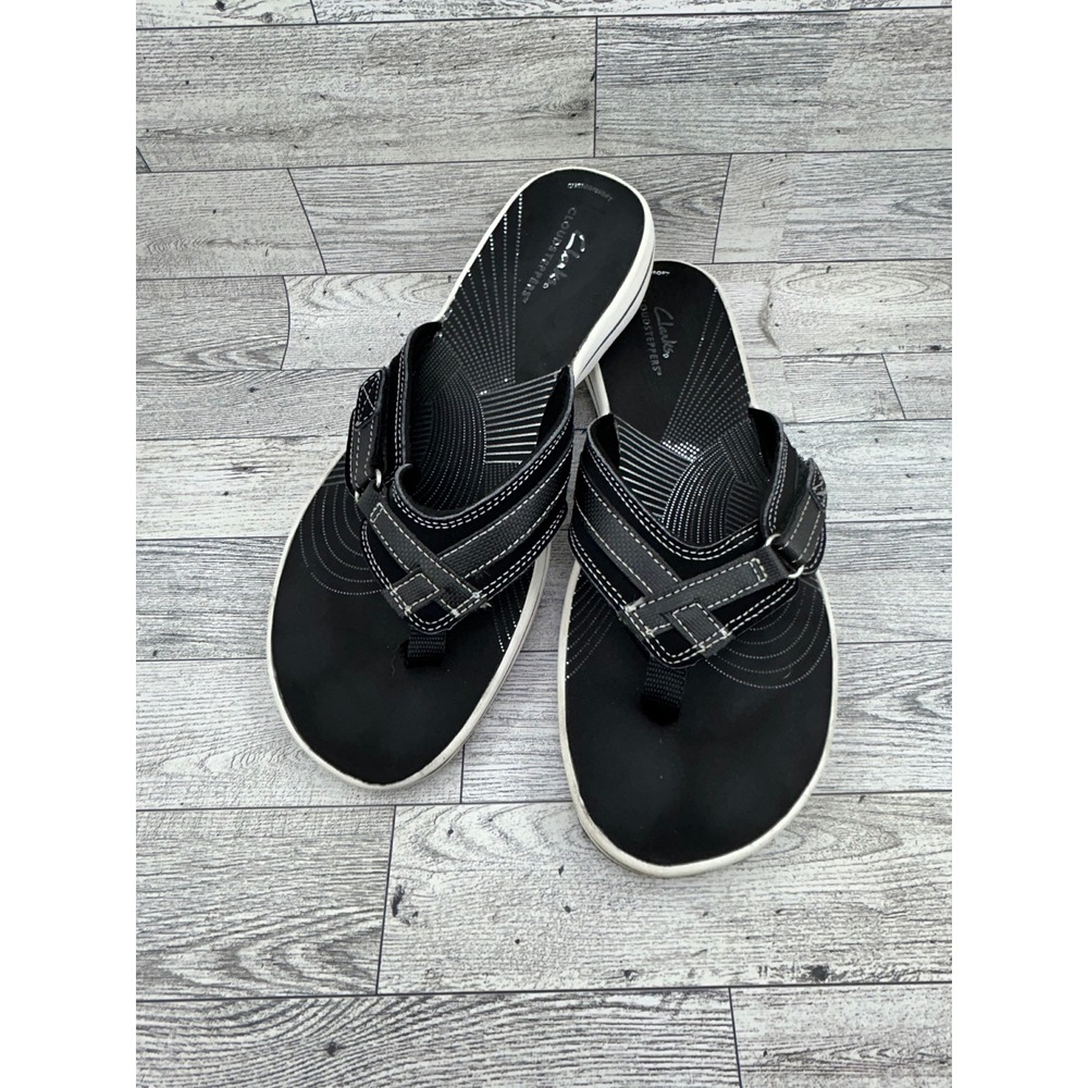 Clarks Cloudsteppers Women Sz 10M‎ Black Thong Sandals Adjustable Strap